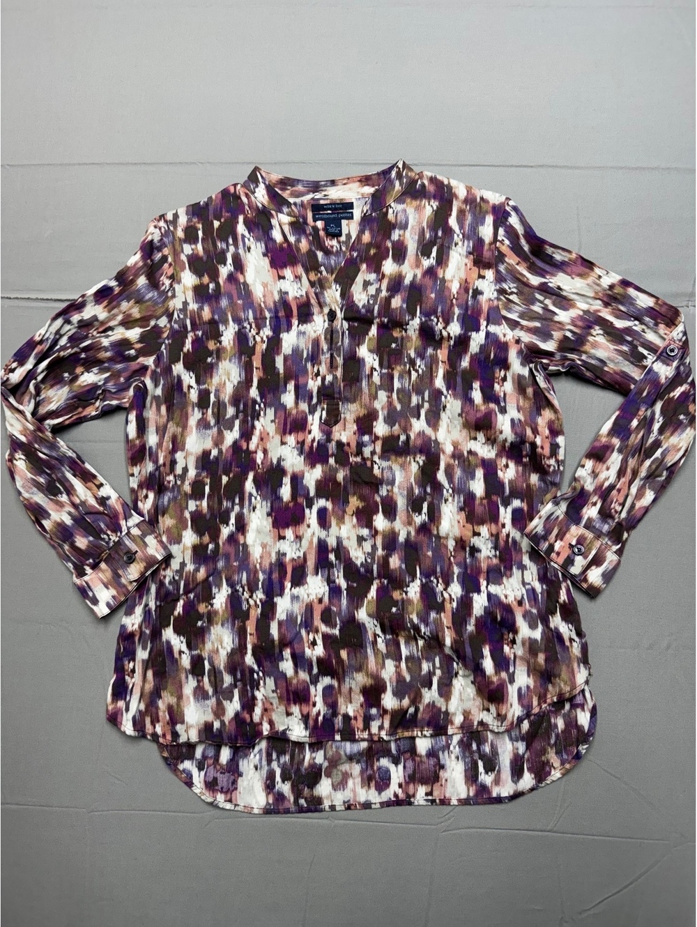 Westbound Petites Blouse PL Purple Abstract Cotton Wrinkle Free Roll Tab Tunic